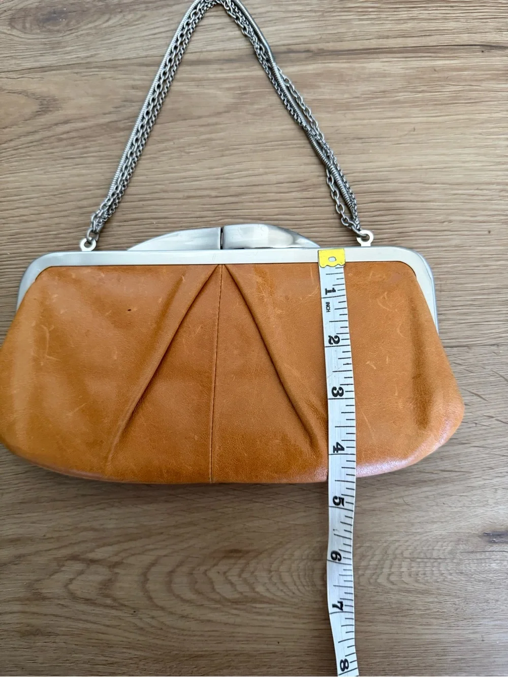 Hobo Hayward Brown Leather Chain Strap Kisslock Clutch Shoulder Bag Purse